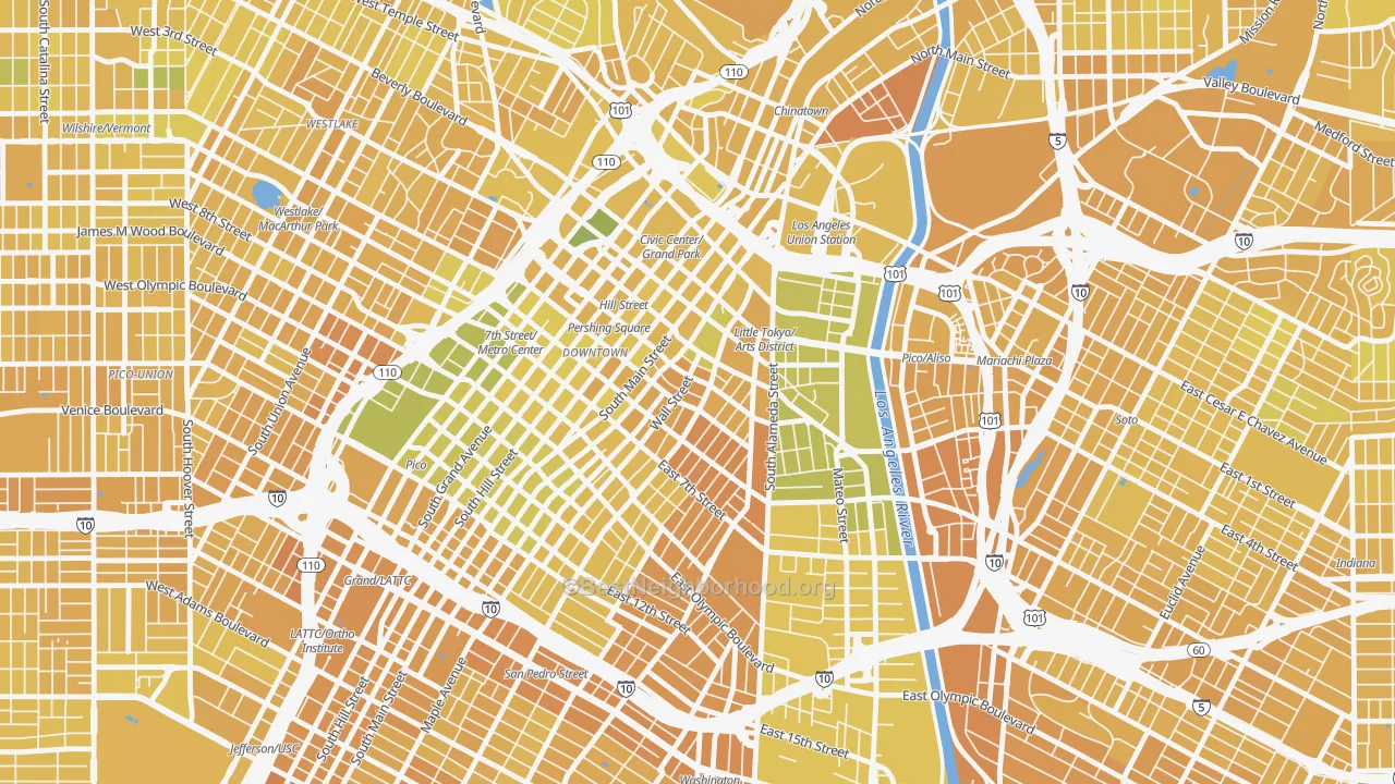 Map of the best neighborhoods in the 90013 area, with better matches in green and worse matches in red
