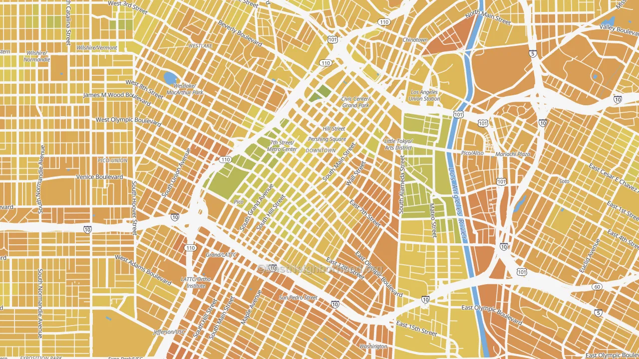Map of the best neighborhoods in the 90014 area, with better matches in green and worse matches in red