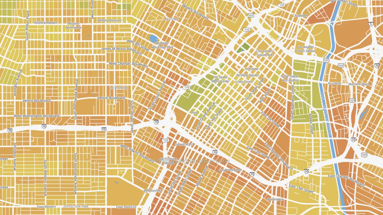 Map of the best neighborhoods in the 90015 area, with better matches in green and worse matches in red