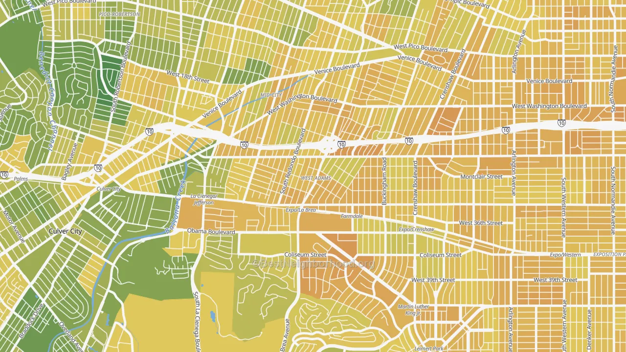 Map of the best neighborhoods in the 90016 area, with better matches in green and worse matches in red