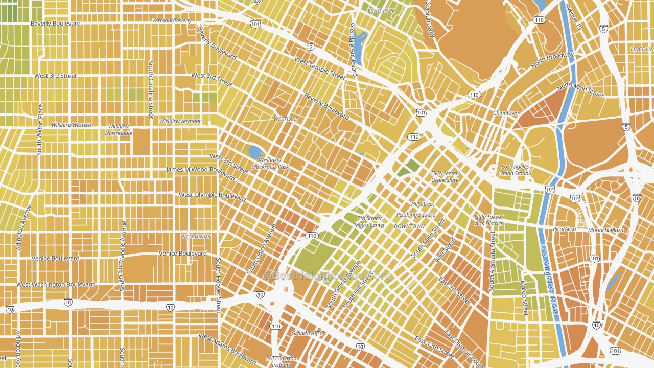 Map of the best neighborhoods in the 90017 area, with better matches in green and worse matches in red