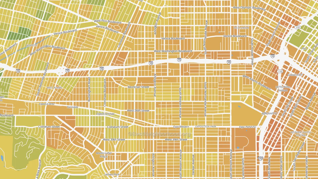 Map of the best neighborhoods in the 90018 area, with better matches in green and worse matches in red