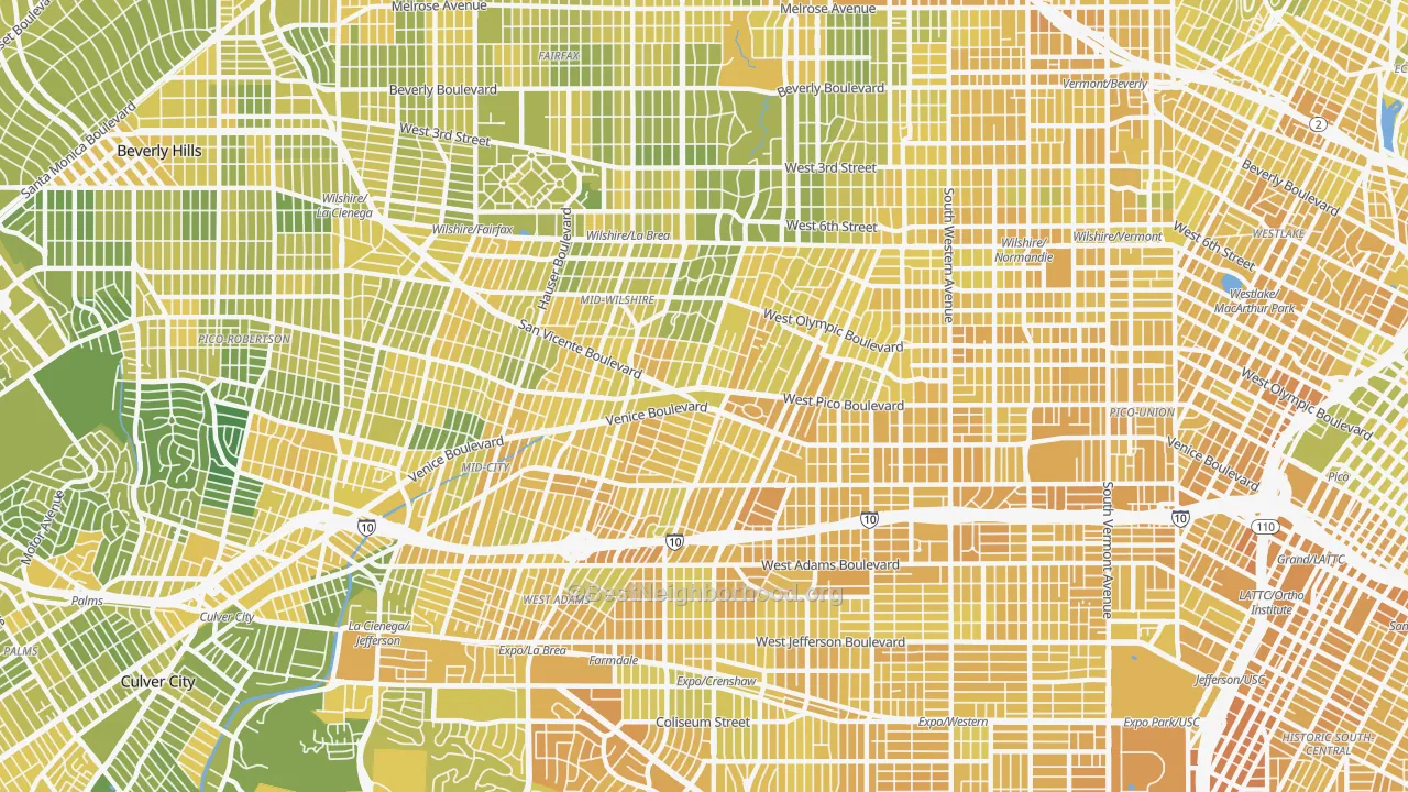 Map of the best neighborhoods in the 90019 area, with better matches in green and worse matches in red