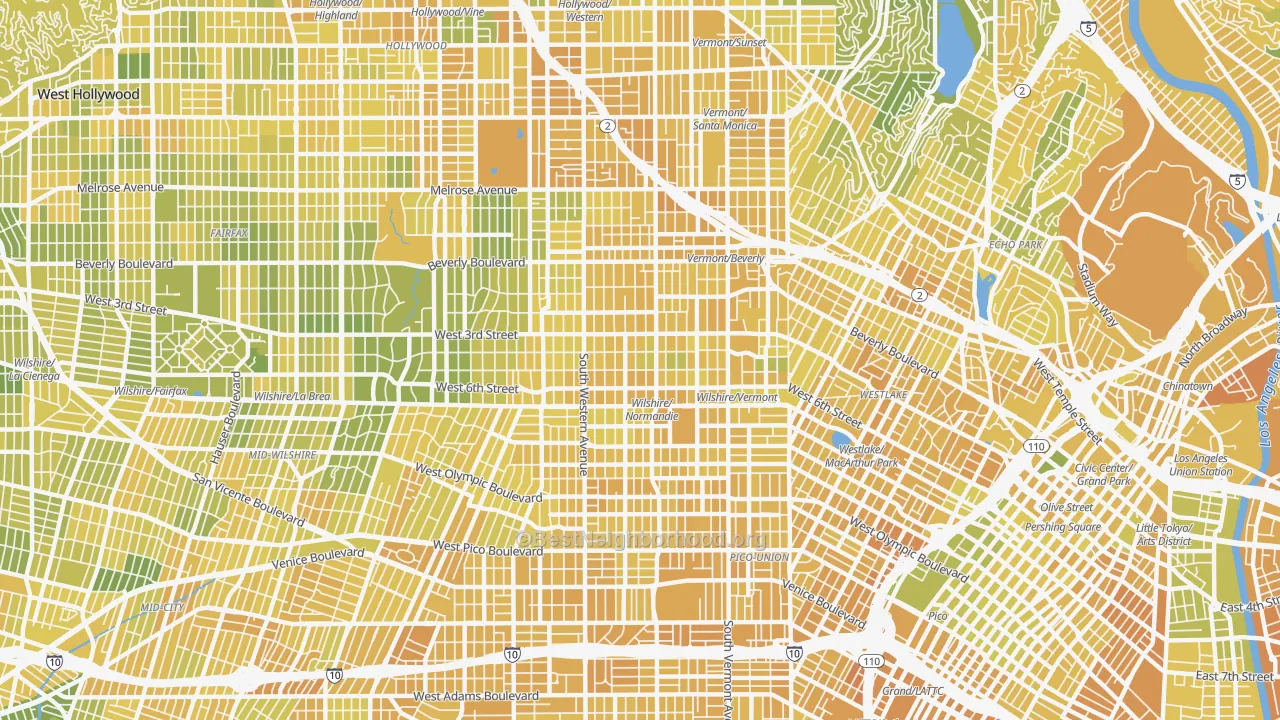 Map of the best neighborhoods in the 90020 area, with better matches in green and worse matches in red