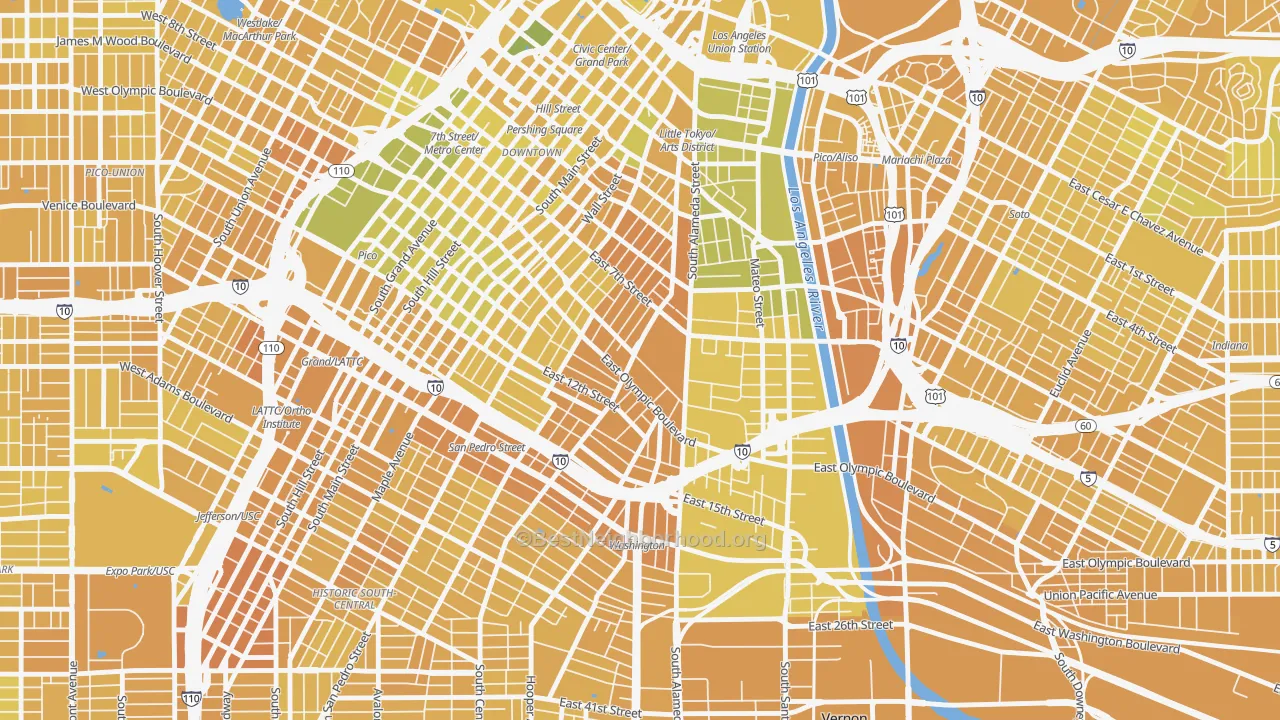 Map of the best neighborhoods in the 90021 area, with better matches in green and worse matches in red