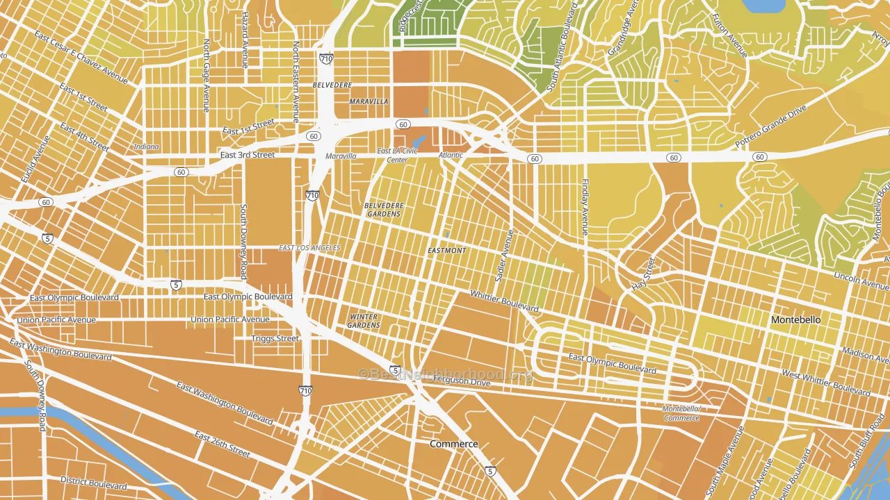 Map of the best neighborhoods in the 90022 area, with better matches in green and worse matches in red