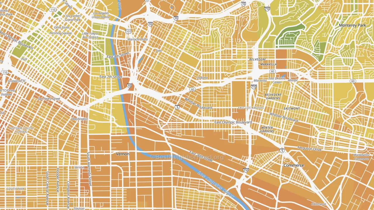 Map of the best neighborhoods in the 90023 area, with better matches in green and worse matches in red