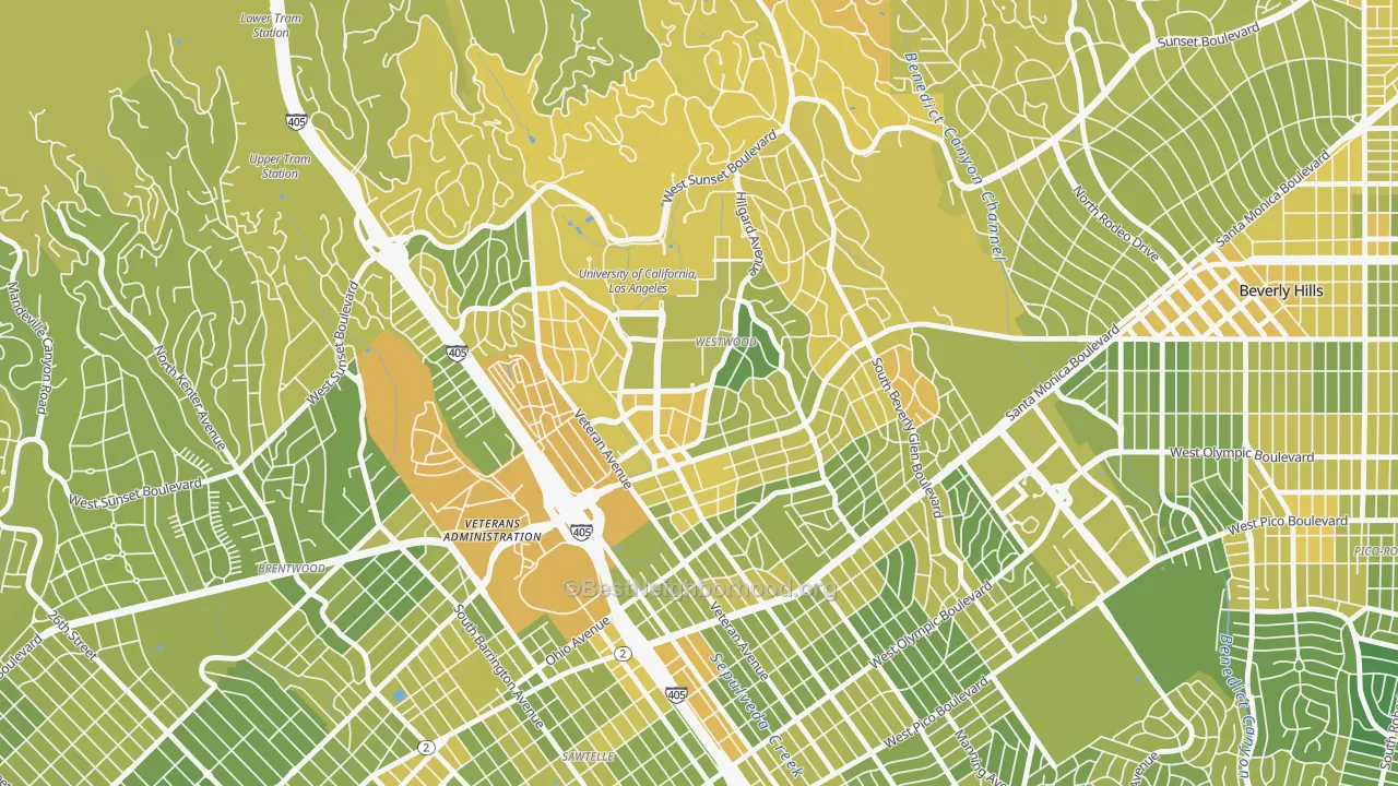 Map of the best neighborhoods in the 90024 area, with better matches in green and worse matches in red