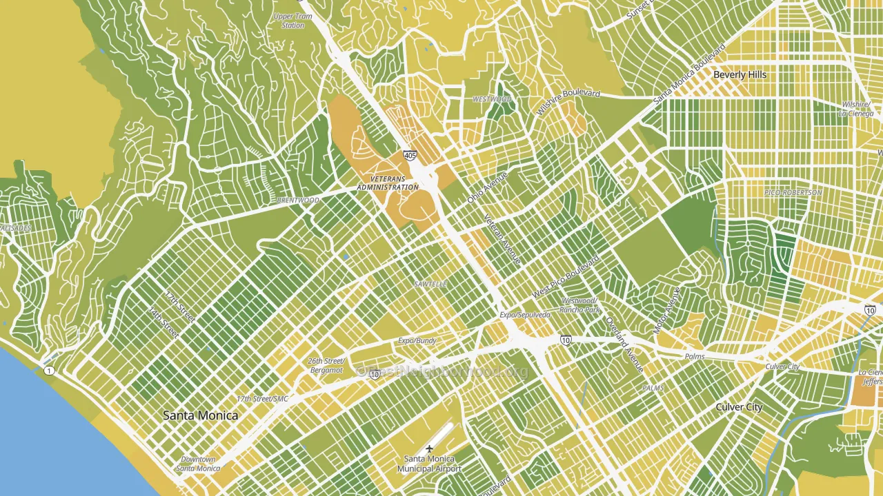 Map of the best neighborhoods in the 90025 area, with better matches in green and worse matches in red