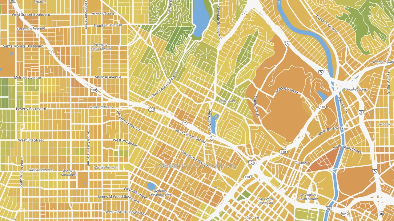Map of the best neighborhoods in the 90026 area, with better matches in green and worse matches in red