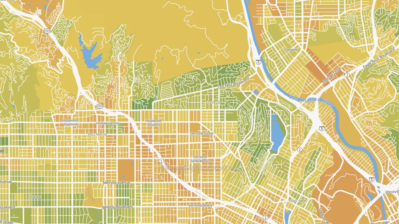 Map of the best neighborhoods in the 90027 area, with better matches in green and worse matches in red