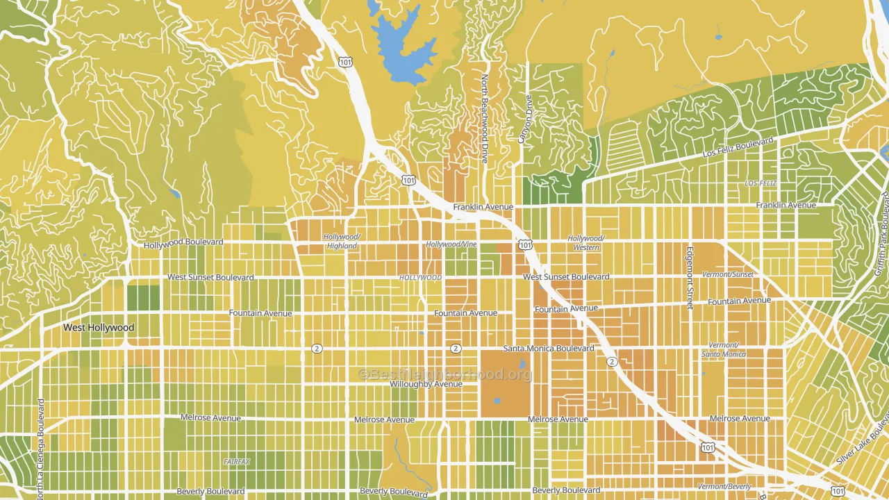 Map of the best neighborhoods in the 90028 area, with better matches in green and worse matches in red