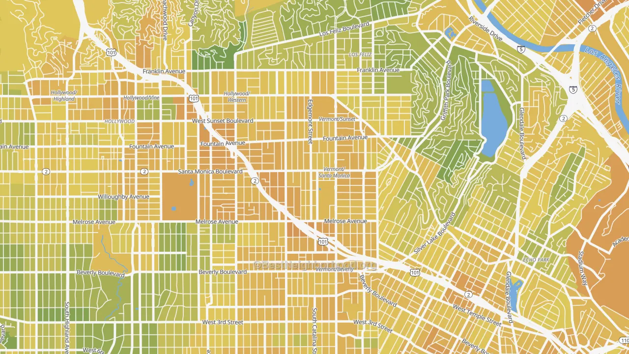 Map of the best neighborhoods in the 90029 area, with better matches in green and worse matches in red
