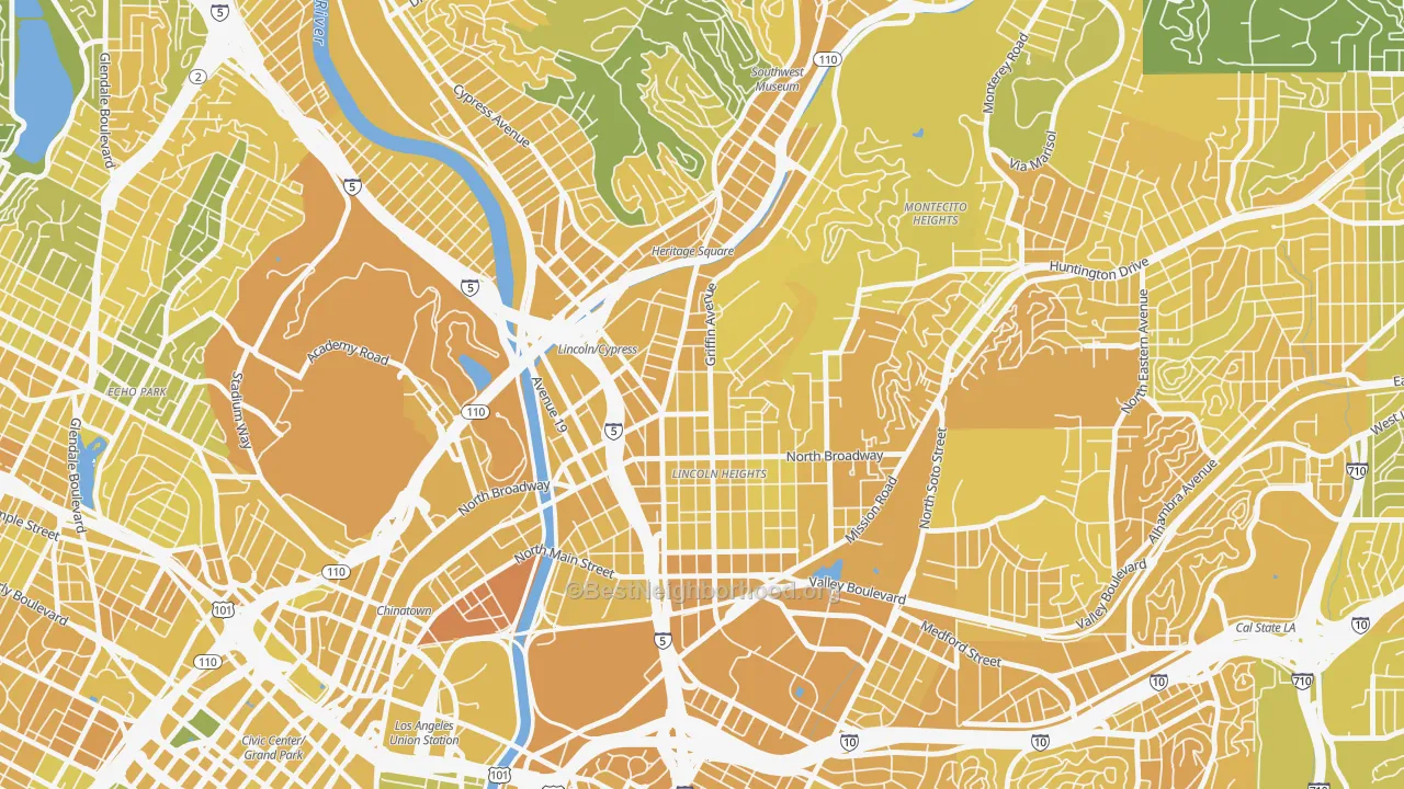 Map of the best neighborhoods in the 90031 area, with better matches in green and worse matches in red