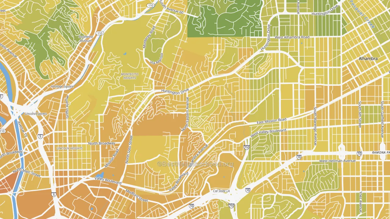 Map of the best neighborhoods in the 90032 area, with better matches in green and worse matches in red