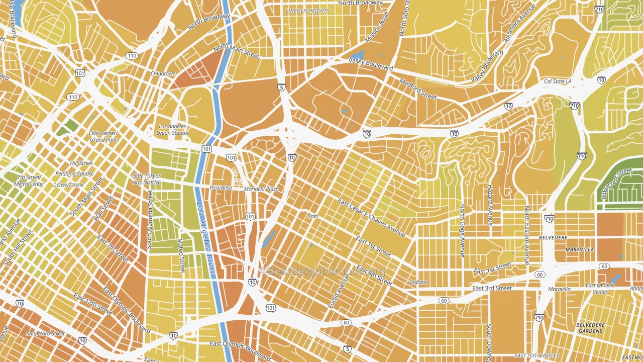 Map of the best neighborhoods in the 90033 area, with better matches in green and worse matches in red