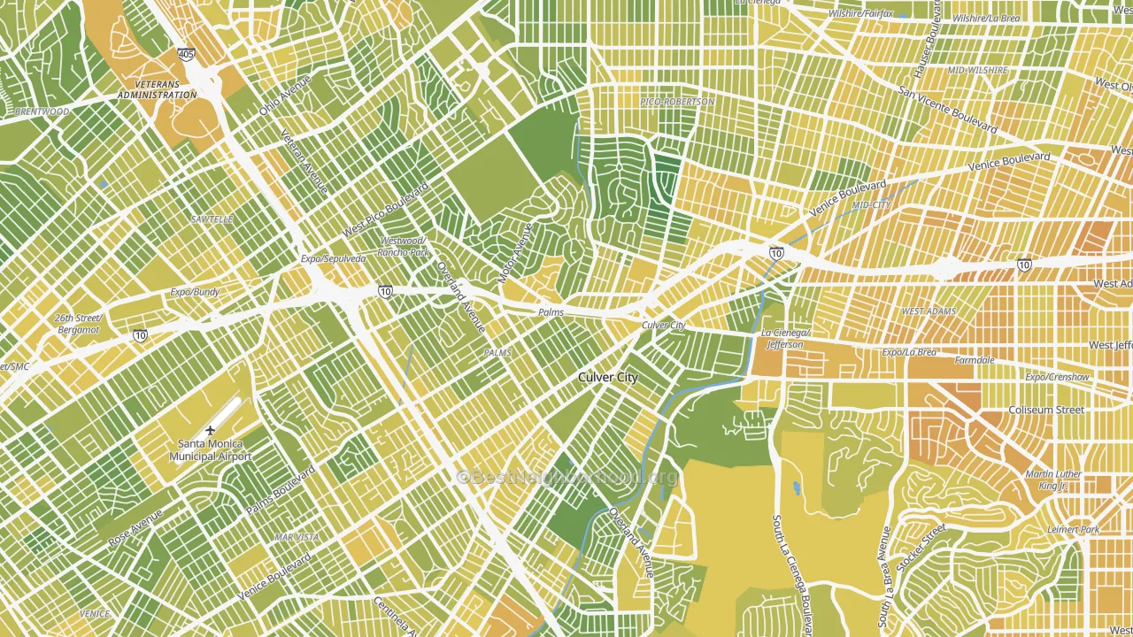 Map of the best neighborhoods in the 90034 area, with better matches in green and worse matches in red