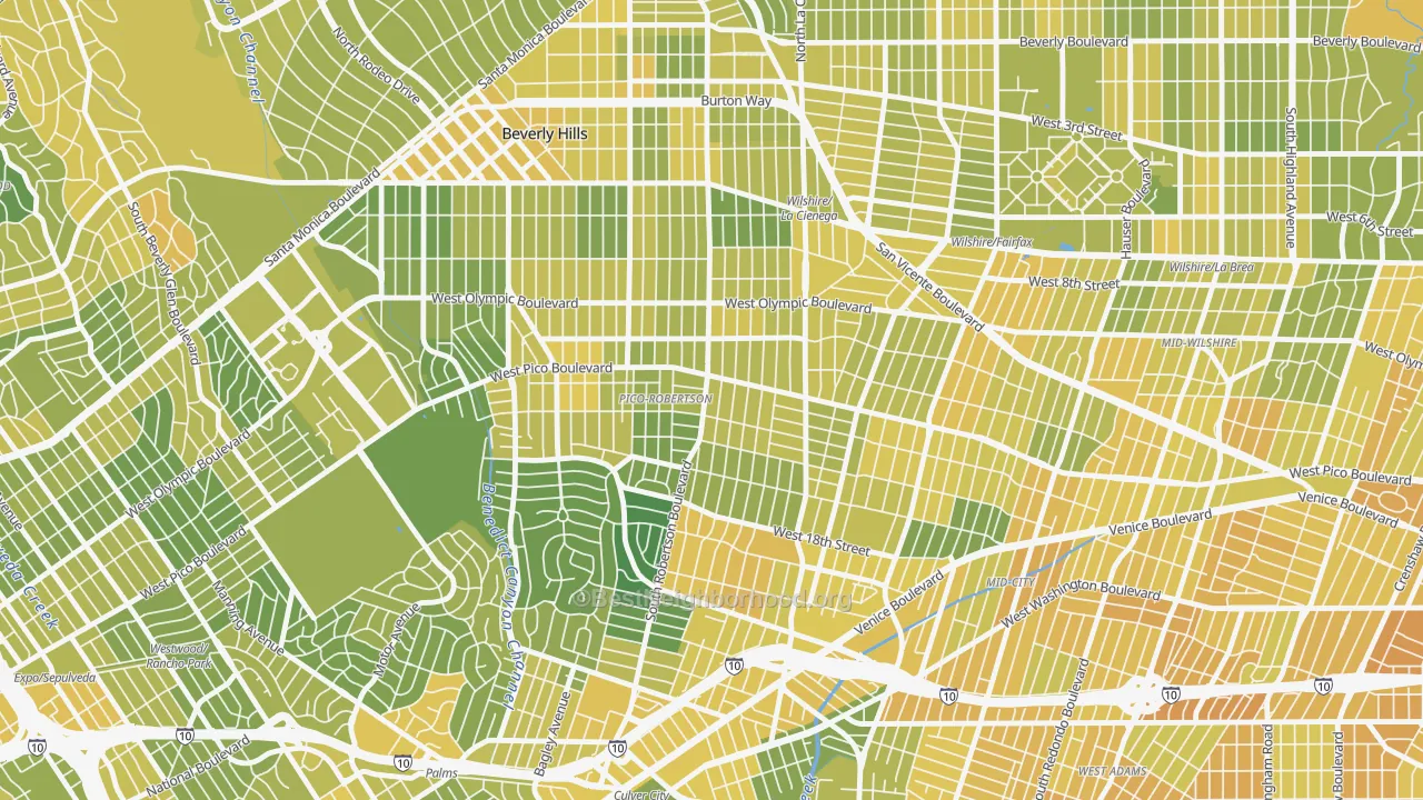 Map of the best neighborhoods in the 90035 area, with better matches in green and worse matches in red