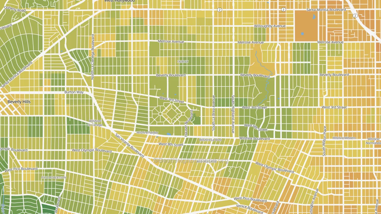 Map of the best neighborhoods in the 90036 area, with better matches in green and worse matches in red