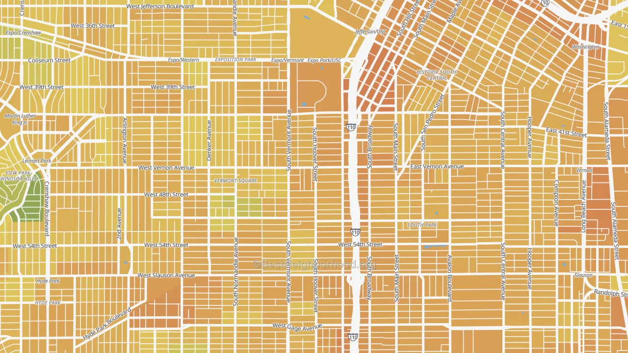 Map of the best neighborhoods in the 90037 area, with better matches in green and worse matches in red