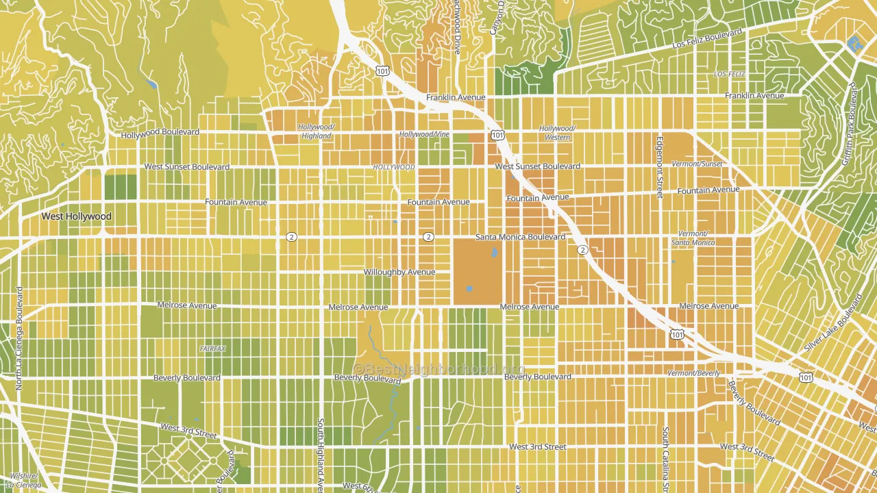 Map of the best neighborhoods in the 90038 area, with better matches in green and worse matches in red