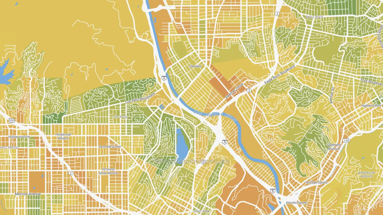 Map of the best neighborhoods in the 90039 area, with better matches in green and worse matches in red