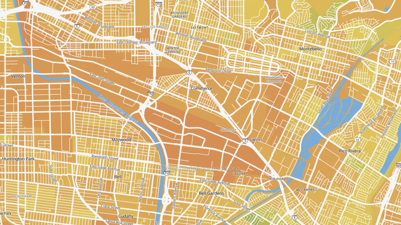 Map of the best neighborhoods in the 90040 area, with better matches in green and worse matches in red