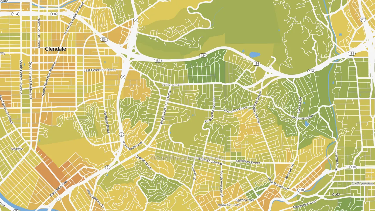 Map of the best neighborhoods in the 90041 area, with better matches in green and worse matches in red