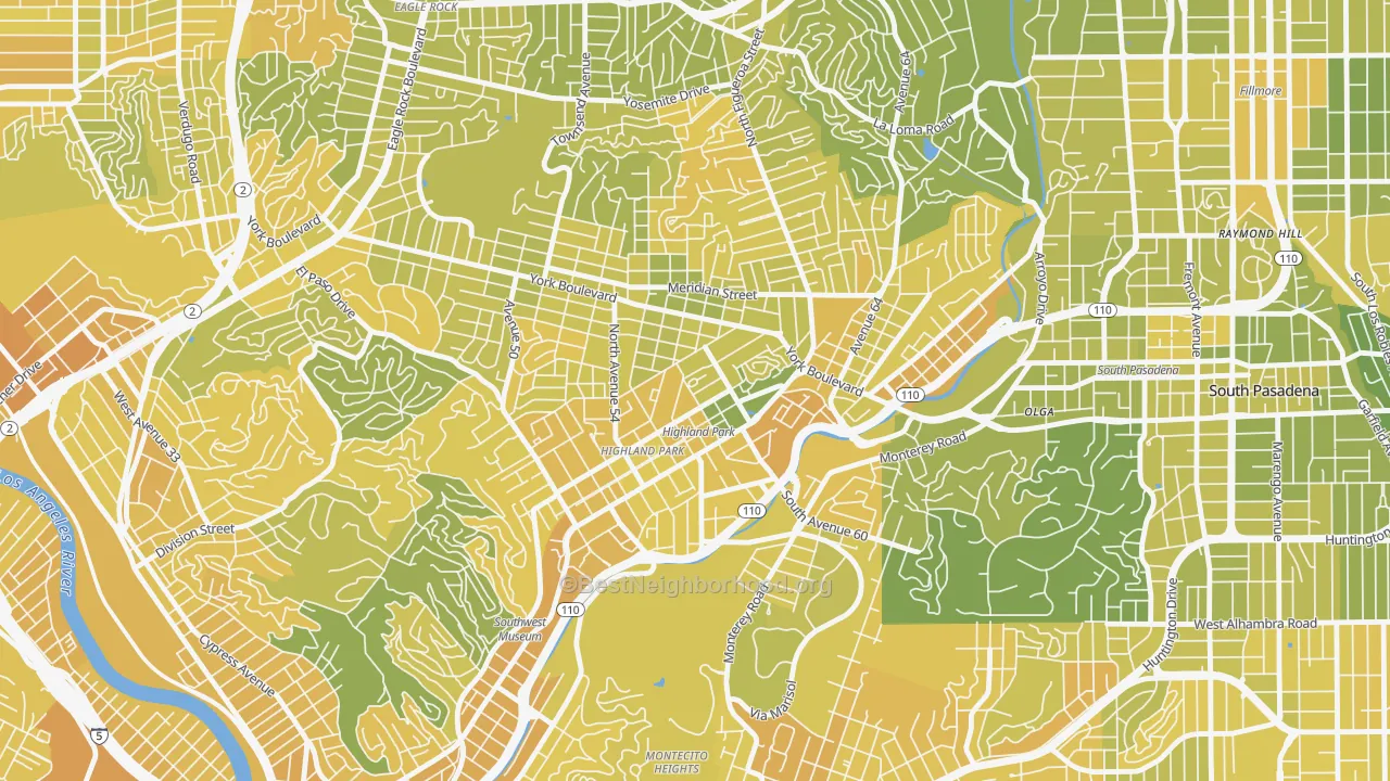Map of the best neighborhoods in the 90042 area, with better matches in green and worse matches in red
