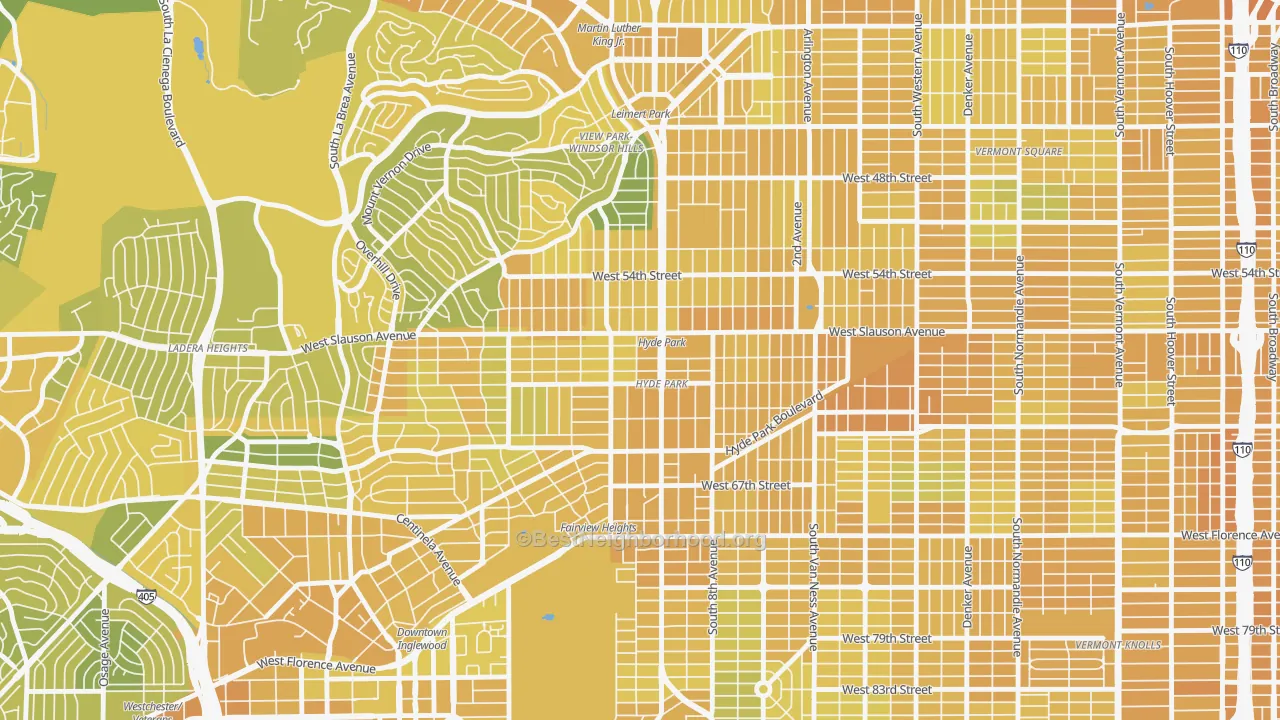 Map of the best neighborhoods in the 90043 area, with better matches in green and worse matches in red