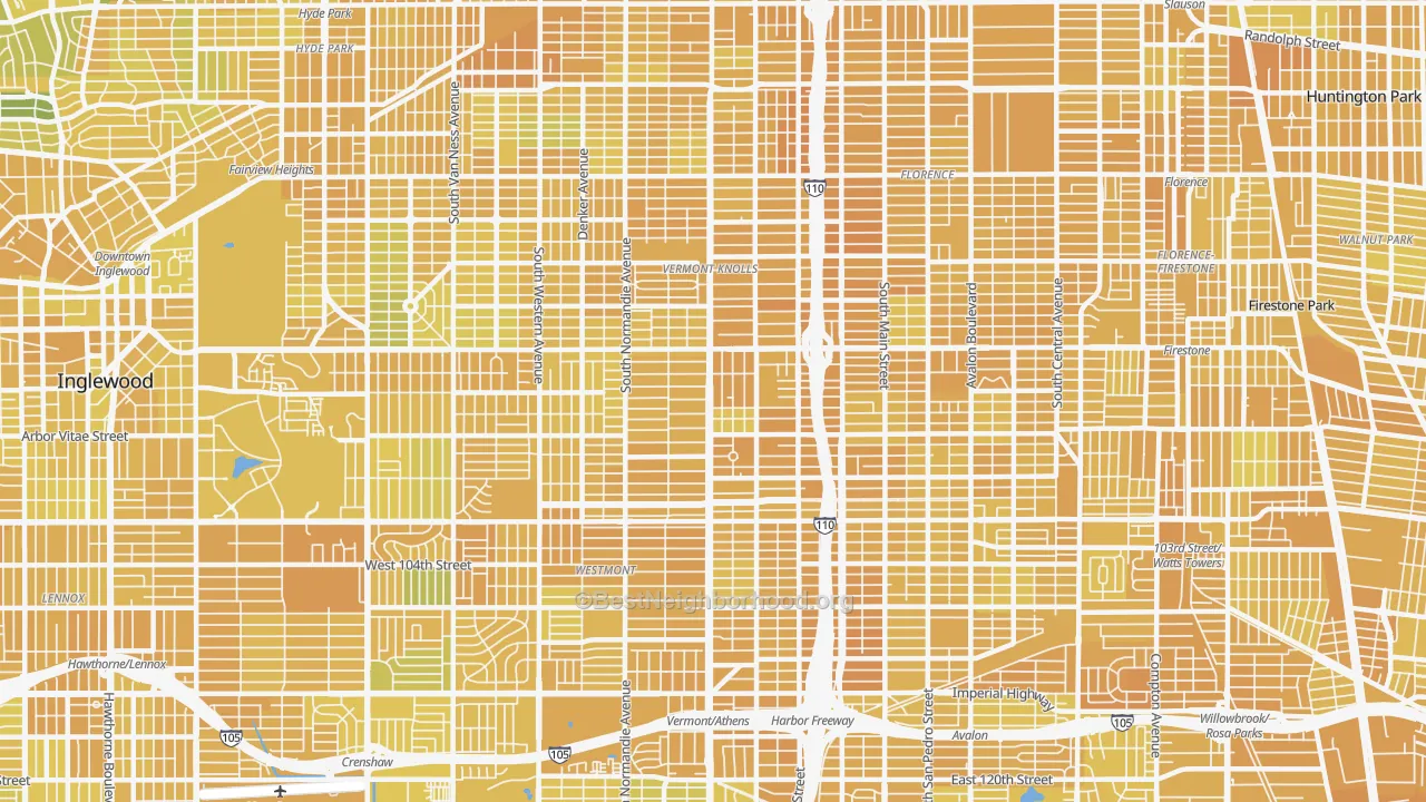 Map of the best neighborhoods in the 90044 area, with better matches in green and worse matches in red