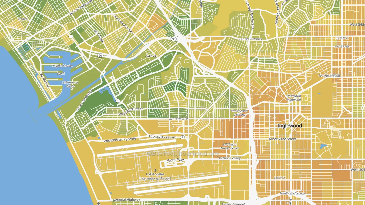 Map of the best neighborhoods in the 90045 area, with better matches in green and worse matches in red