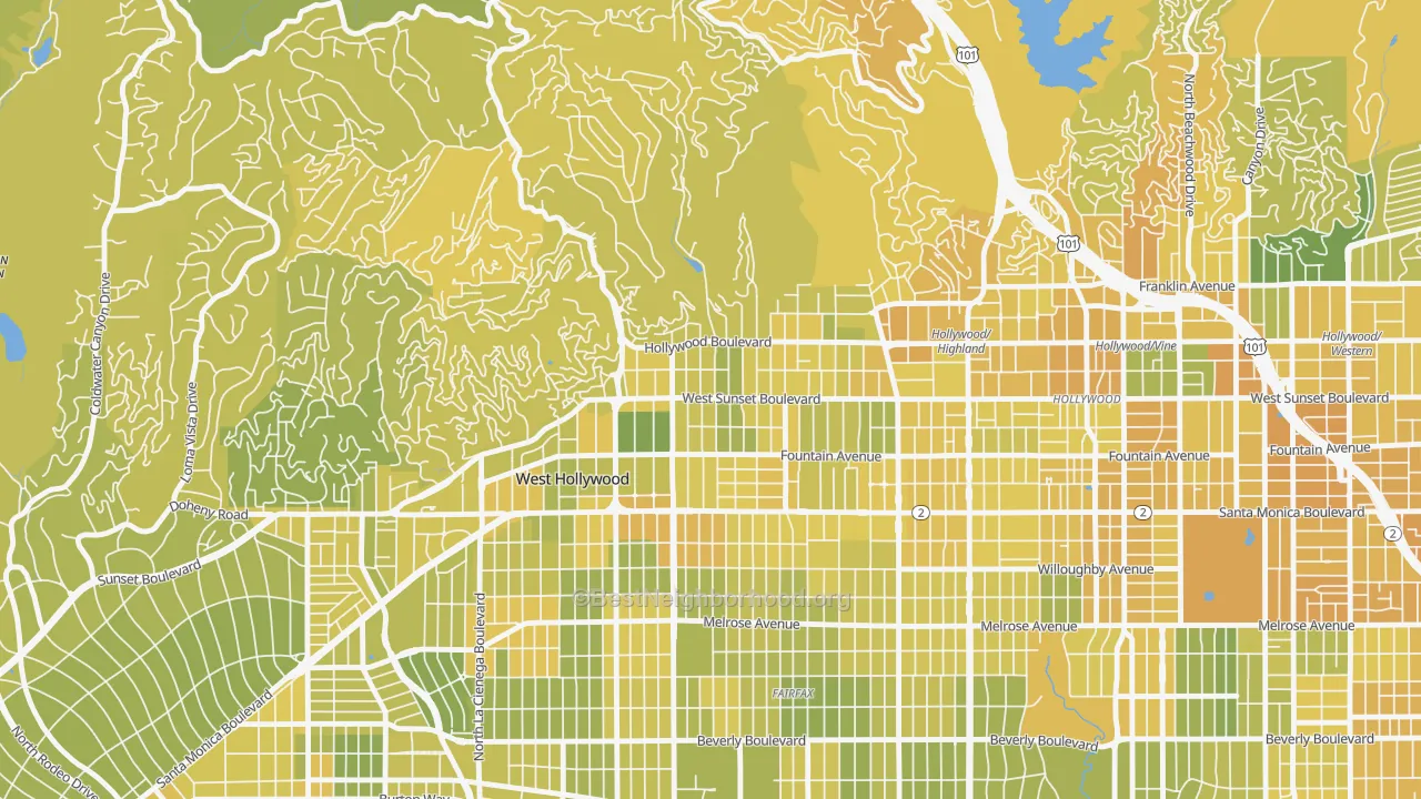 Map of the best neighborhoods in the 90046 area, with better matches in green and worse matches in red