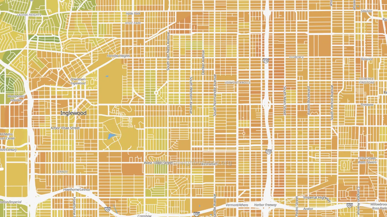 Map of the best neighborhoods in the 90047 area, with better matches in green and worse matches in red