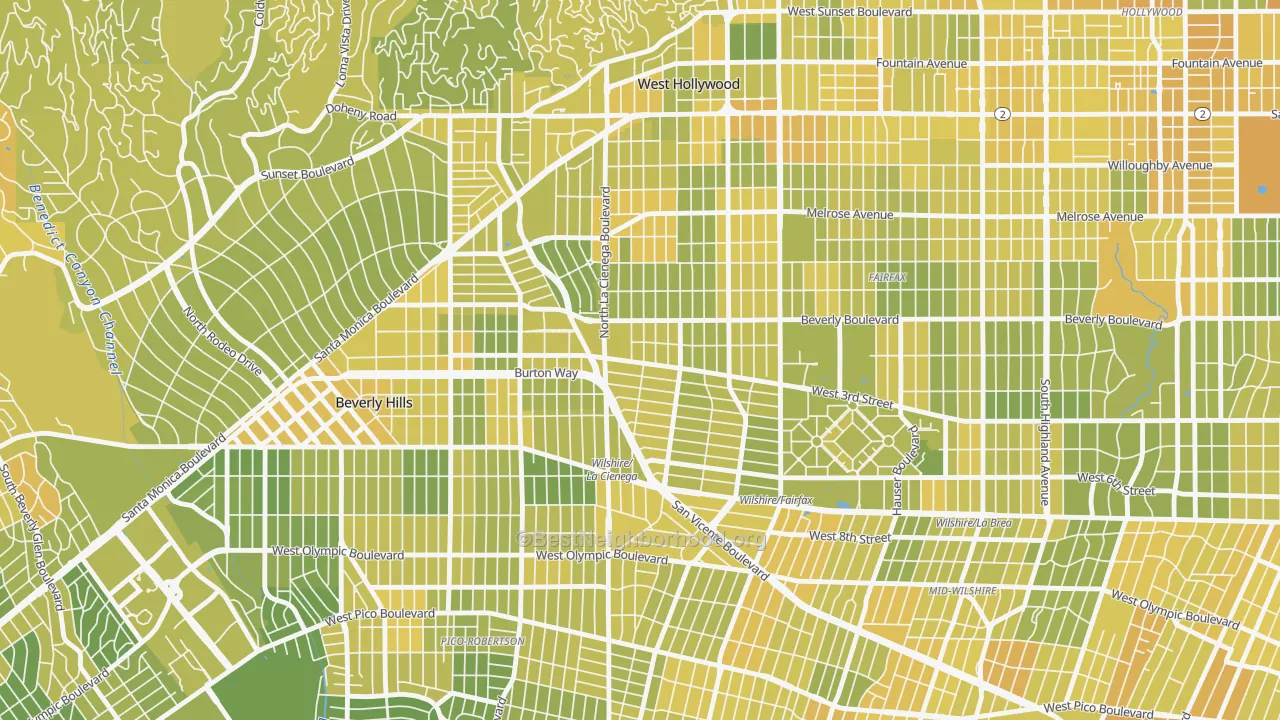 Map of the best neighborhoods in the 90048 area, with better matches in green and worse matches in red