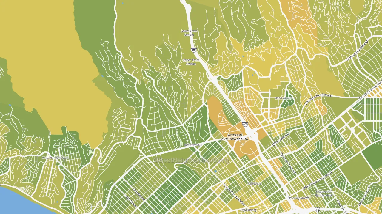 Map of the best neighborhoods in the 90049 area, with better matches in green and worse matches in red