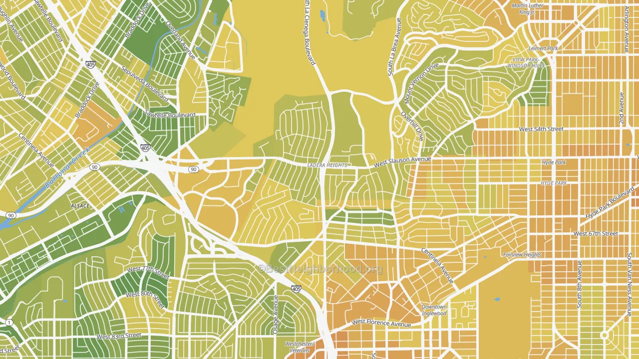 Map of the best neighborhoods in the 90056 area, with better matches in green and worse matches in red
