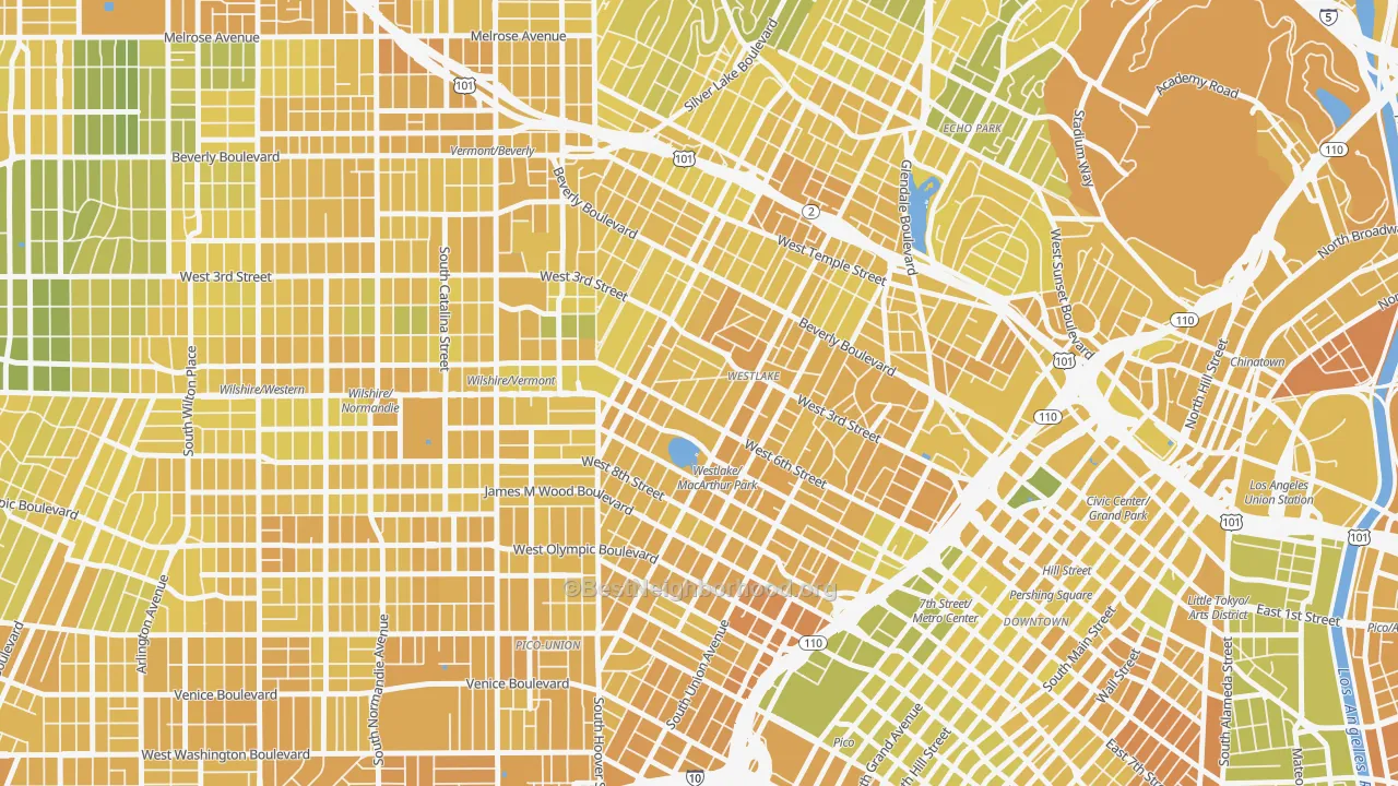Map of the best neighborhoods in the 90057 area, with better matches in green and worse matches in red