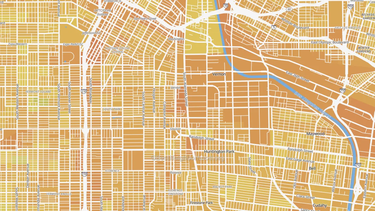 Map of the best neighborhoods in the 90058 area, with better matches in green and worse matches in red