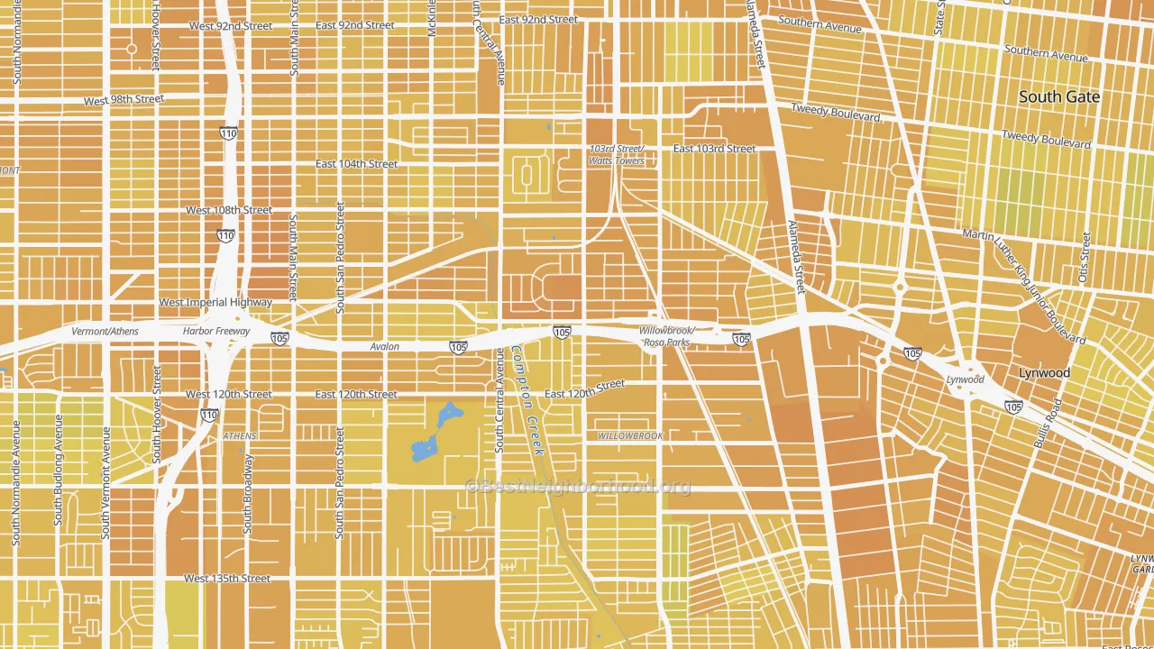 Map of the best neighborhoods in the 90059 area, with better matches in green and worse matches in red