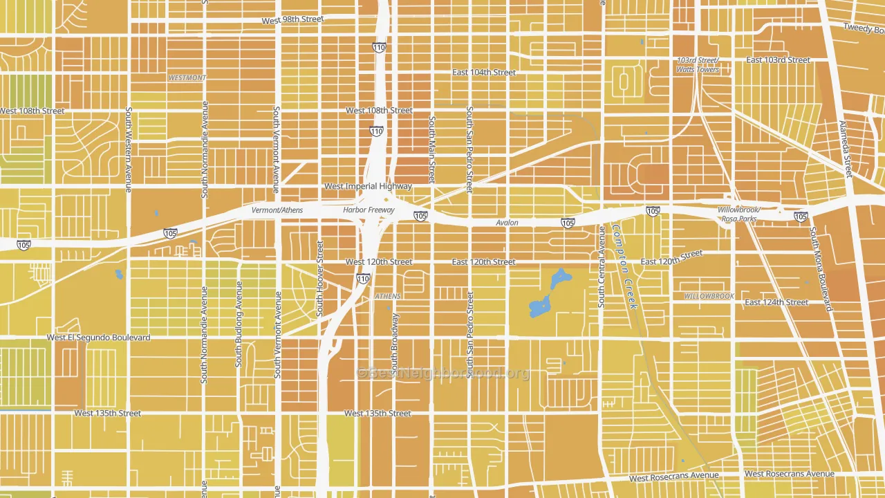 Map of the best neighborhoods in the 90061 area, with better matches in green and worse matches in red