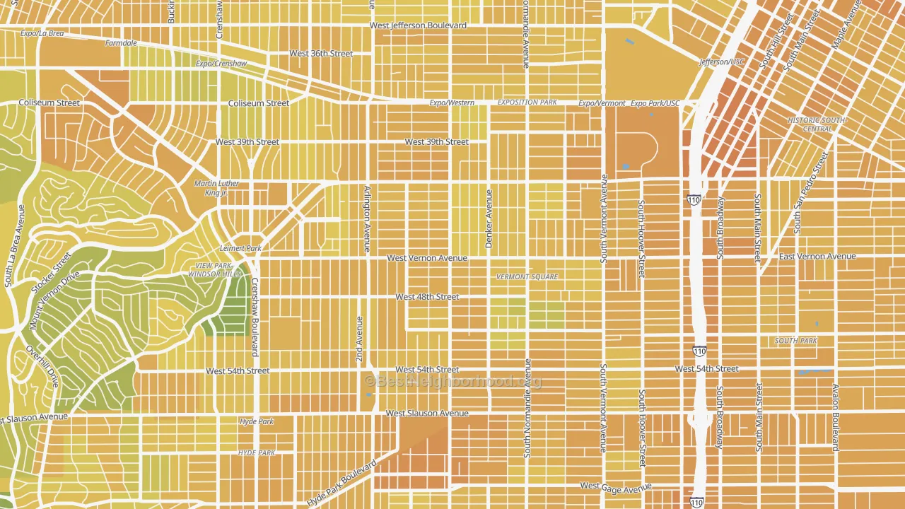 Map of the best neighborhoods in the 90062 area, with better matches in green and worse matches in red