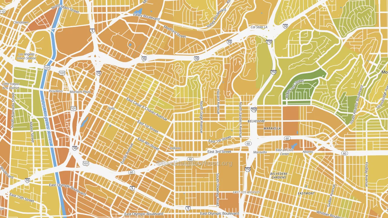 Map of the best neighborhoods in the 90063 area, with better matches in green and worse matches in red