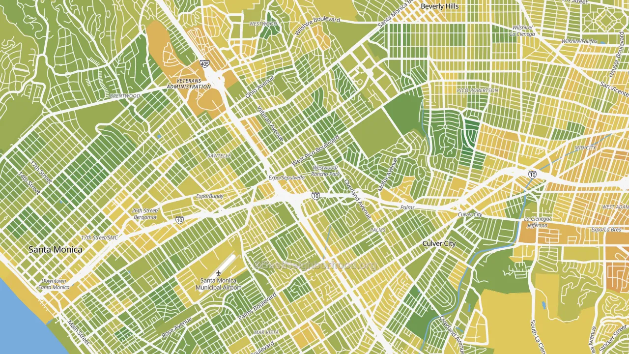Map of the best neighborhoods in the 90064 area, with better matches in green and worse matches in red