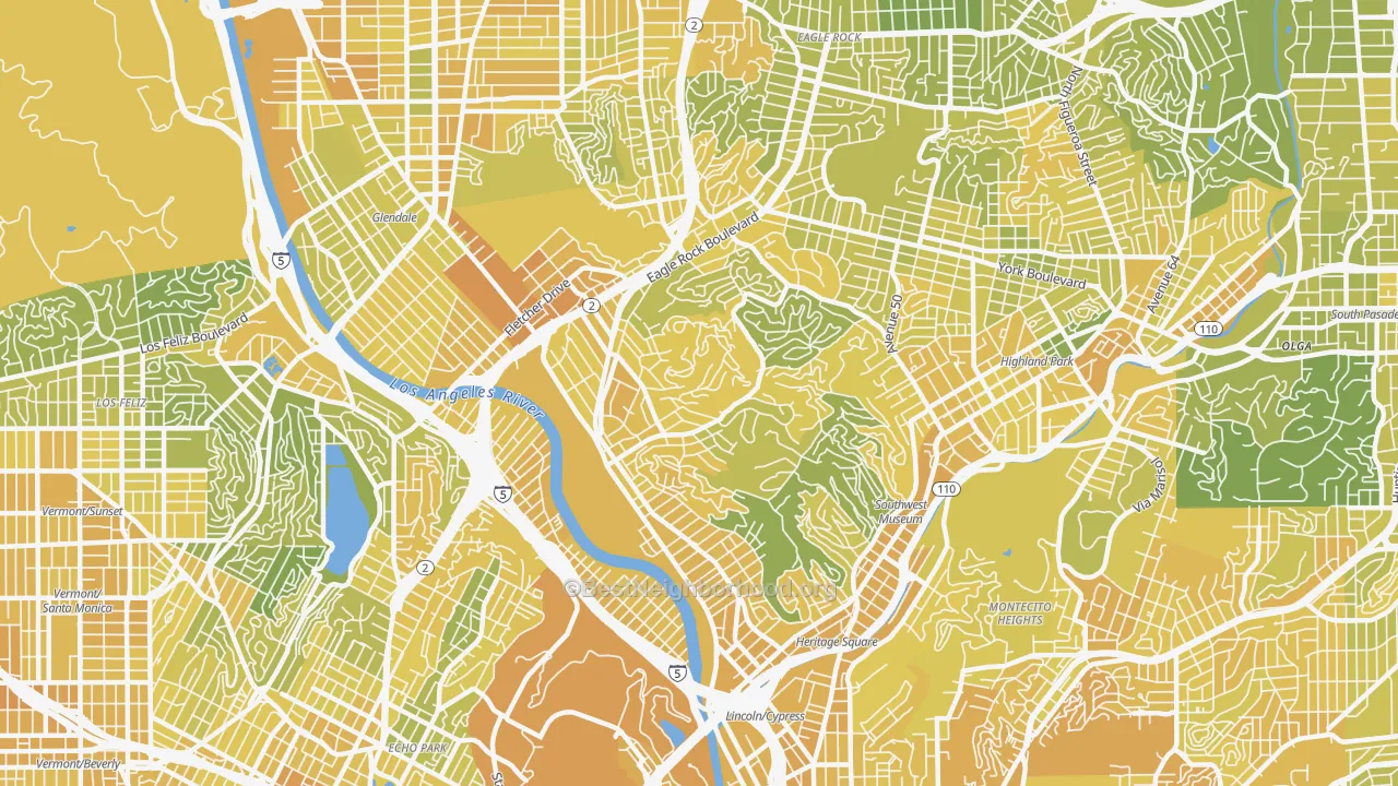 Map of the best neighborhoods in the 90065 area, with better matches in green and worse matches in red