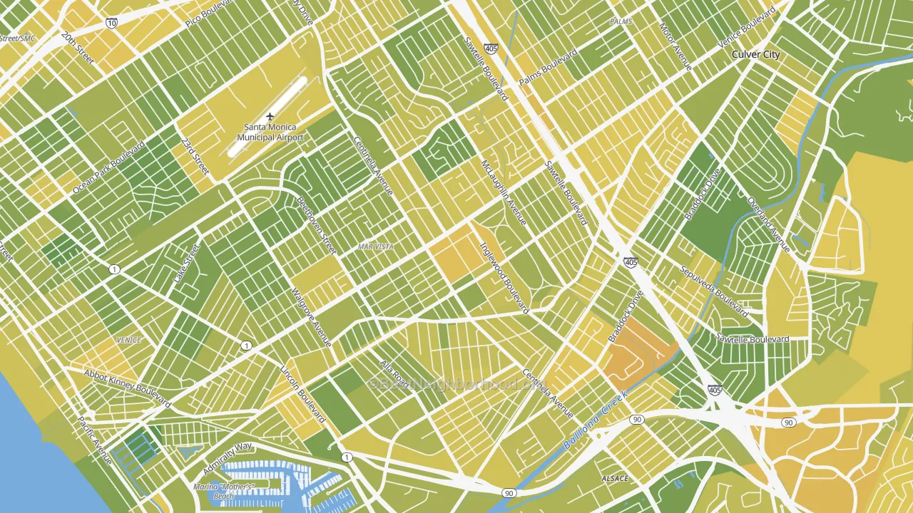 Map of the best neighborhoods in the 90066 area, with better matches in green and worse matches in red