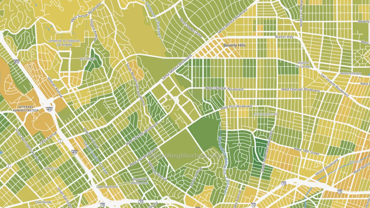 Map of the best neighborhoods in the 90067 area, with better matches in green and worse matches in red
