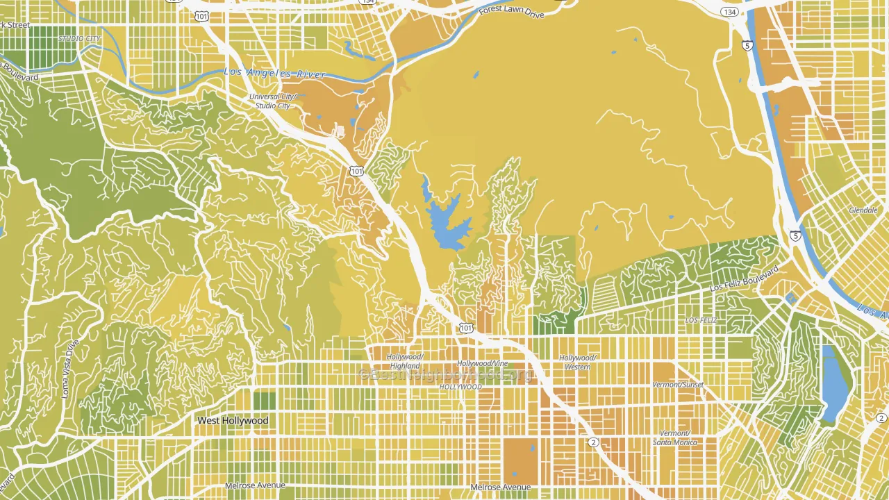 Map of the best neighborhoods in the 90068 area, with better matches in green and worse matches in red