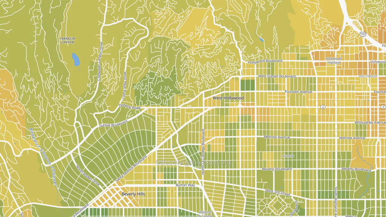 Map of the best neighborhoods in the 90069 area, with better matches in green and worse matches in red