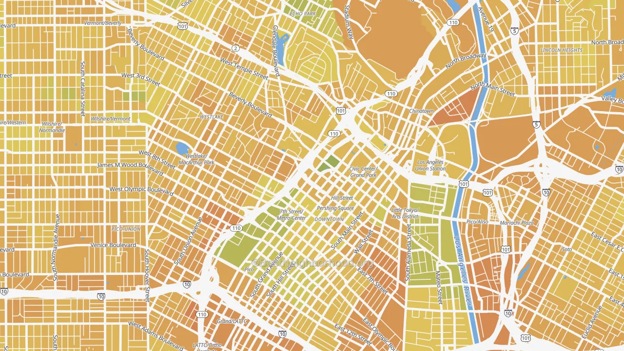 Map of the best neighborhoods in the 90071 area, with better matches in green and worse matches in red